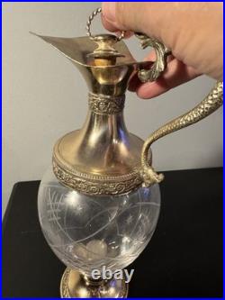 Vintage Italian Victorian Silver Plated Cut Etched Glass Wine Decanter Claret