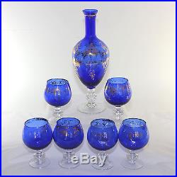 Vintage Italian art glass decanter, pitcher set, cobalt, 6 glasses
