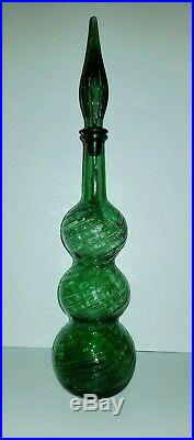 Vintage Italy Italian Empoli Glass Green 22 Ribbed Gurgle Decanter Mid century