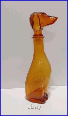 Vintage Italy MCM Empoli Amber Glass Hound Dog Decanter