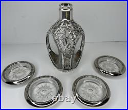 Vintage Japanese Solid Pure Silver Bamboo Leaf Overlay Glass Liquor Decanter Set