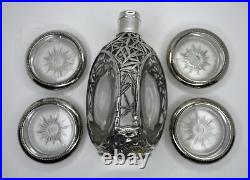 Vintage Japanese Solid Pure Silver Bamboo Leaf Overlay Glass Liquor Decanter Set