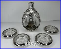Vintage Japanese Solid Pure Silver Bamboo Leaf Overlay Glass Liquor Decanter Set