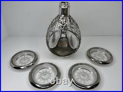 Vintage Japanese Solid Pure Silver Bamboo Leaf Overlay Glass Liquor Decanter Set