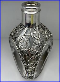 Vintage Japanese Solid Pure Silver Bamboo Leaf Overlay Glass Liquor Decanter Set
