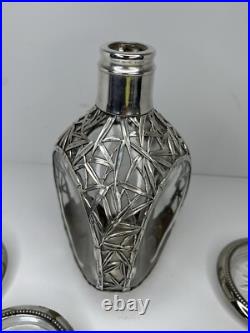 Vintage Japanese Solid Pure Silver Bamboo Leaf Overlay Glass Liquor Decanter Set