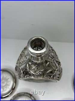 Vintage Japanese Solid Pure Silver Bamboo Leaf Overlay Glass Liquor Decanter Set