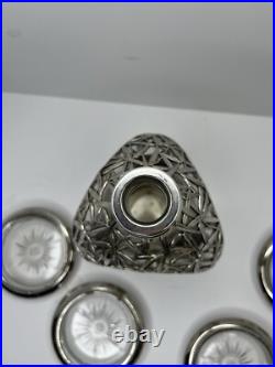 Vintage Japanese Solid Pure Silver Bamboo Leaf Overlay Glass Liquor Decanter Set