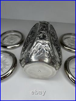 Vintage Japanese Solid Pure Silver Bamboo Leaf Overlay Glass Liquor Decanter Set