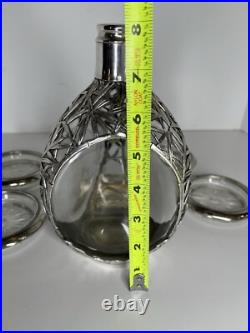 Vintage Japanese Solid Pure Silver Bamboo Leaf Overlay Glass Liquor Decanter Set
