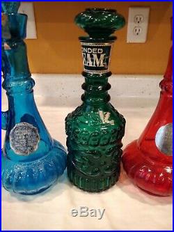 Vintage Jim Bean Decanter Bottles Empty Glasses Bar Set of 3 Blue Red Green