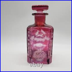 Vintage Koscherak Brothers USA Cranberry Red Cut to Clear Square Decanter 8