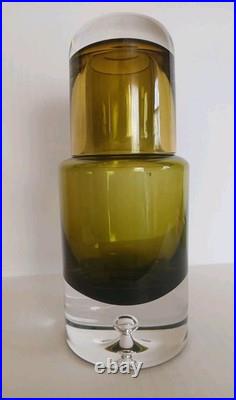 Vintage Krosno Poland Hand Blown Art Glass Decanter & Tumbler Set, Olive Green