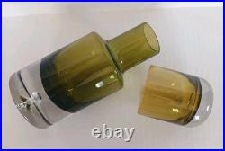 Vintage Krosno Poland Hand Blown Art Glass Decanter & Tumbler Set, Olive Green