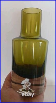 Vintage Krosno Poland Hand Blown Art Glass Decanter & Tumbler Set, Olive Green