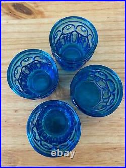Vintage L. E. Smith Moon & Stars Blue Liquor Decanter & 4 Shot Glasses