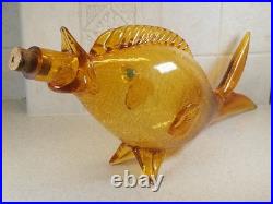 Vintage Large 19 Yellow Crackle Glass Fish Decanter Italy Murano Excellent