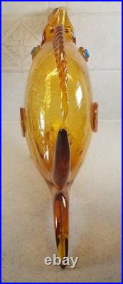 Vintage Large 19 Yellow Crackle Glass Fish Decanter Italy Murano Excellent