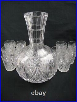 Vintage Large Carved Glass Decanter and 10 Shot Glasses
