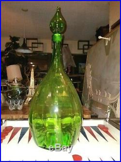 Vintage Large Hand Blown Green Decanter With Flame Stopper 18.5 Blenko Retro