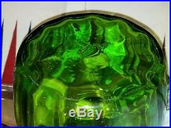 Vintage Large Hand Blown Green Decanter With Flame Stopper 18.5 Blenko Retro