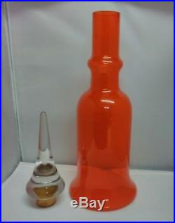 Vintage Large Hand Blown Orange Decanter Genie Bottle With Clear Stopper
