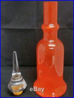 Vintage Large Hand Blown Orange Decanter Genie Bottle With Clear Stopper