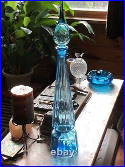 Vintage Large Ice Blue Empoli Glass Decanter Genie Bottle 28 MCM 60's