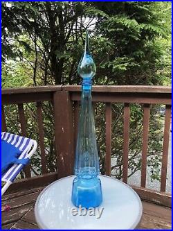 Vintage Large Ice Blue Empoli Glass Decanter Genie Bottle 28 MCM 60's