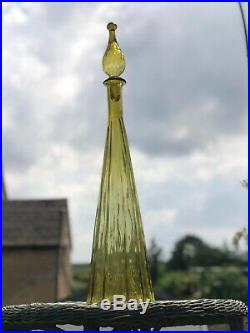 Vintage Large Olive Yellow Fluted Genie Bottle 1960s Italian Empoli Decanter