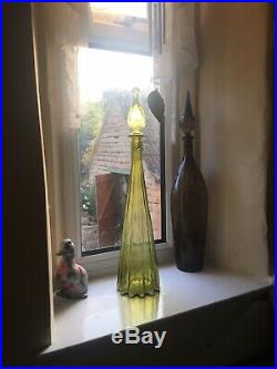 Vintage Large Olive Yellow Fluted Genie Bottle 1960s Italian Empoli Decanter