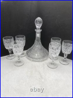 Vintage Lead Crystal Ship Decanter with Frosted Etched Fruit & 6 Matching Glasses