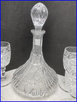 Vintage Lead Crystal Ship Decanter with Frosted Etched Fruit & 6 Matching Glasses