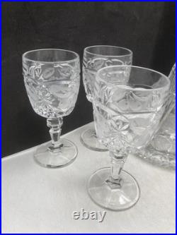 Vintage Lead Crystal Ship Decanter with Frosted Etched Fruit & 6 Matching Glasses
