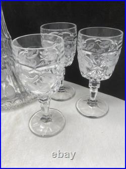 Vintage Lead Crystal Ship Decanter with Frosted Etched Fruit & 6 Matching Glasses