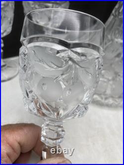Vintage Lead Crystal Ship Decanter with Frosted Etched Fruit & 6 Matching Glasses