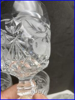 Vintage Lead Crystal Ship Decanter with Frosted Etched Fruit & 6 Matching Glasses