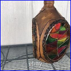Vintage Leather Colored Glass Three Sided Decanter Handcrafted Decorative Bar