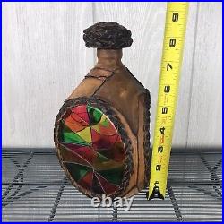 Vintage Leather Colored Glass Three Sided Decanter Handcrafted Decorative Bar
