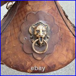 Vintage Leather Covered Glass Decanter Bottle with Lion Heads Made in Italy