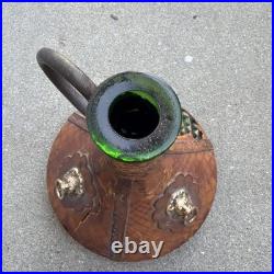 Vintage Leather Covered Glass Decanter Bottle with Lion Heads Made in Italy