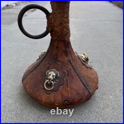 Vintage Leather Covered Glass Decanter Bottle with Lion Heads Made in Italy