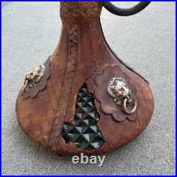 Vintage Leather Covered Glass Decanter Bottle with Lion Heads Made in Italy