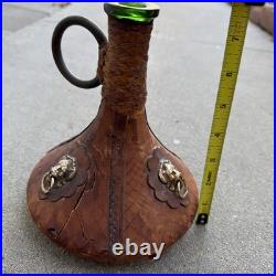 Vintage Leather Covered Glass Decanter Bottle with Lion Heads Made in Italy