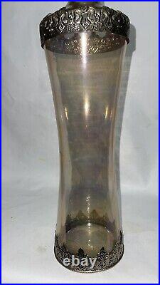 Vintage Liquor 17.5 Pink Glass Decanter Silver Liner On Base & Top