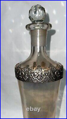 Vintage Liquor 17.5 Pink Glass Decanter Silver Liner On Base & Top