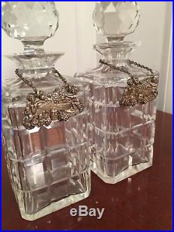 Vintage Lot of 2 Square Cut Crystal Glass LIQUOR WINE DECANTERS with Liquor Tags