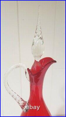 Vintage MCM 20 Ruby Red Glass Decanter With Clear Twist Handle Footed Base