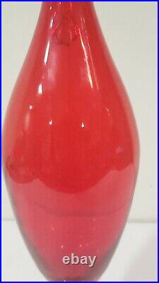 Vintage MCM 20 Ruby Red Glass Decanter With Clear Twist Handle Footed Base