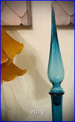 Vintage MCM Angled Genie Bottle Teal Blue Empoli Italy With Extra Large Stopper